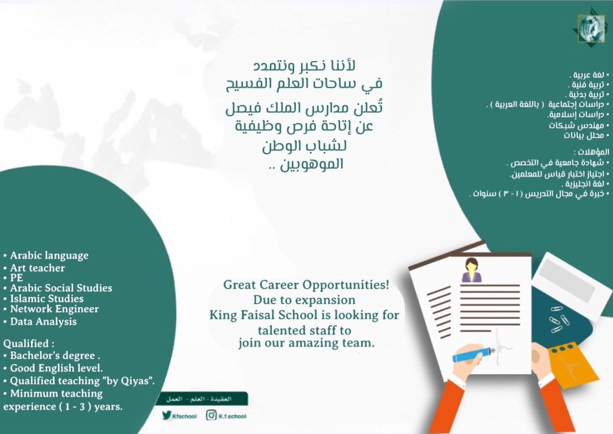 فتح باب التوظيف للوظائف التعليمية والتقنية لدى مدارس الملك فيصل بمدينة 4 فتح باب التوظيف للوظائف التعليمية والتقنية لدى مدارس الملك فيصل بمدينة 3