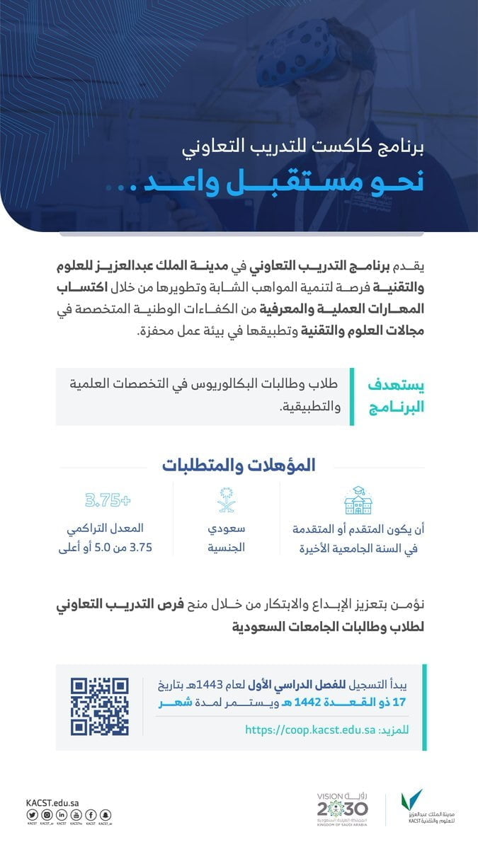 برنامج كاكست للتدريب التعاوني 1443هـ لدى مدينة الملك عبدالعزيز للعلوم والتقنية 4 برنامج كاكست للتدريب التعاوني 1443هـ لدى مدينة الملك عبدالعزيز للعلوم والتقنية 3