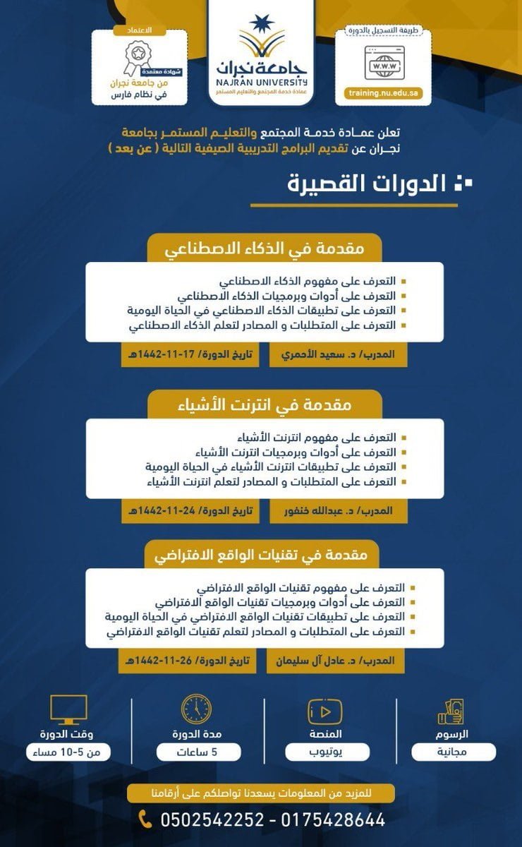 3 دورات تدريبية مجانية للرجال والنساء عن بُعد لدى جامعة نجران 4 3 دورات تدريبية مجانية للرجال والنساء عن بُعد لدى جامعة نجران 3