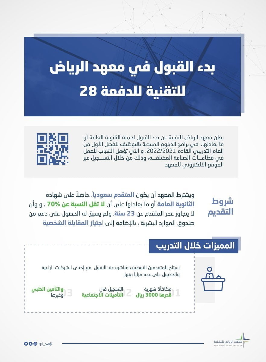 برامج مبتدئة بالتوظيف لحملة الثانوية العامة لدى معهد الرياض للتقنية 4 برامج مبتدئة بالتوظيف لحملة الثانوية العامة لدى معهد الرياض للتقنية 3