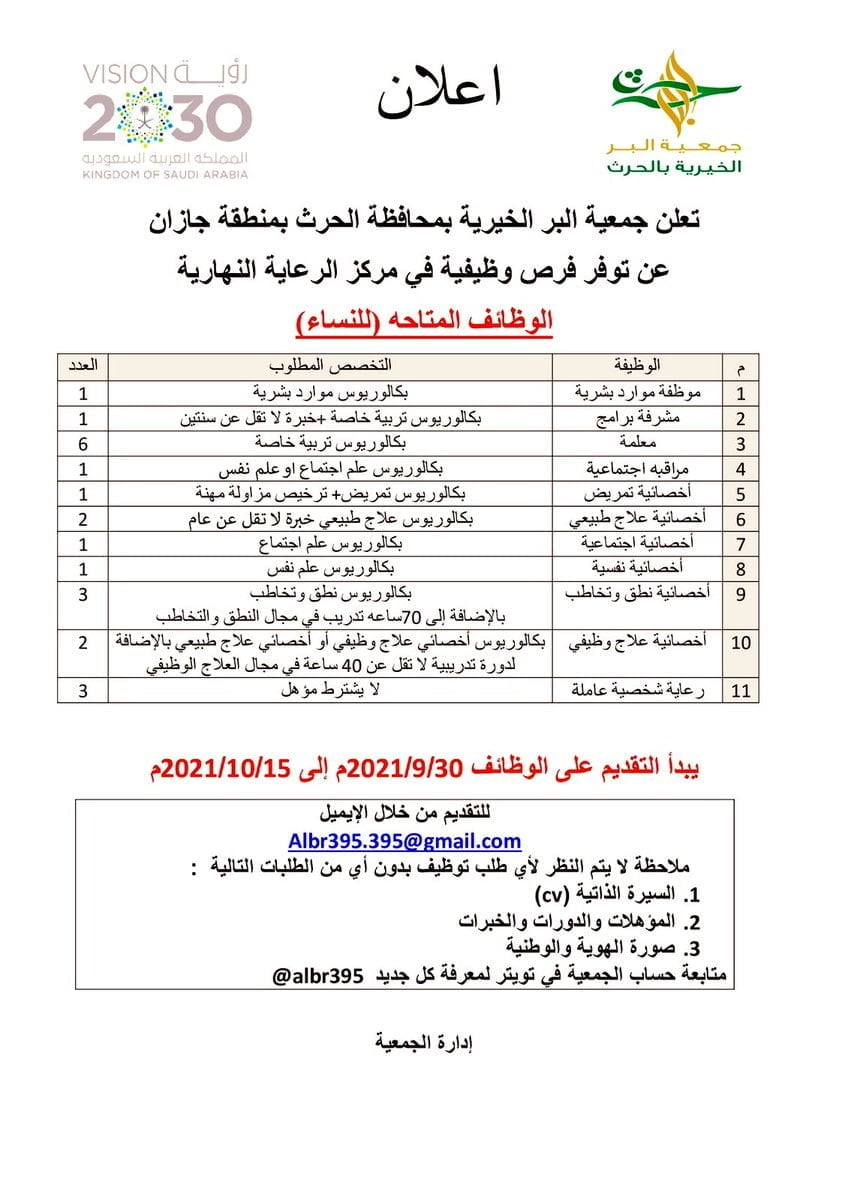 22 وظيفة شاغرة بعدة مجالات وظيفية لدى جمعية البر بالحرث بمنطقة جازان 4 22 وظيفة شاغرة بعدة مجالات وظيفية لدى جمعية البر بالحرث بمنطقة جازان 3