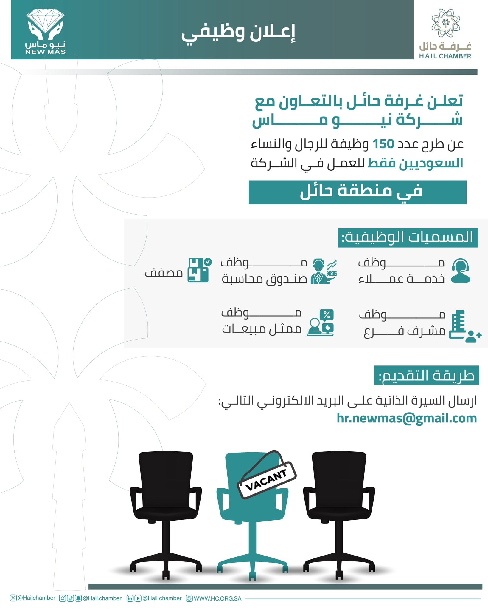 150 وظيفة للجنسين "السعوديين فقط" للعمل في الشركة بحائل لدى غرفة حائل 3